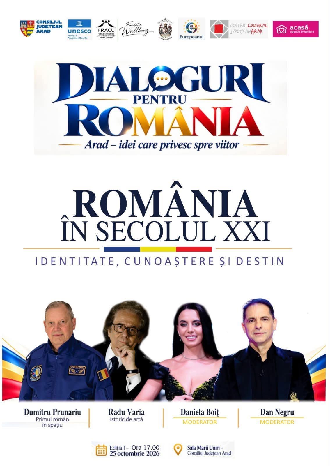 Afișul ediției I „Dialoguri pentru România”, cu Dumitru Prunariu, Radu Varia, Daniela Boiț și Dan Negru